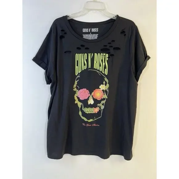 Guns N Roses Women’s Logo Graphic T-shirt Size 2 Cuts Black Music Band T Shirt - Picture 1 of 7
